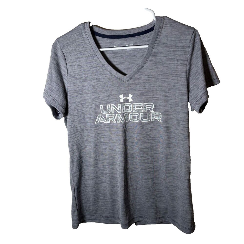 Under Armour T-Shirt Women's Medium Gray V-Neck Short Sleeve Logo Shirt Top
